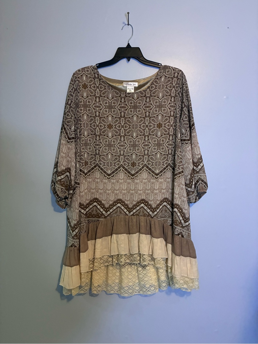 Bohemian Tiered Lace-Hem Tunic Top - Brown & Cream
